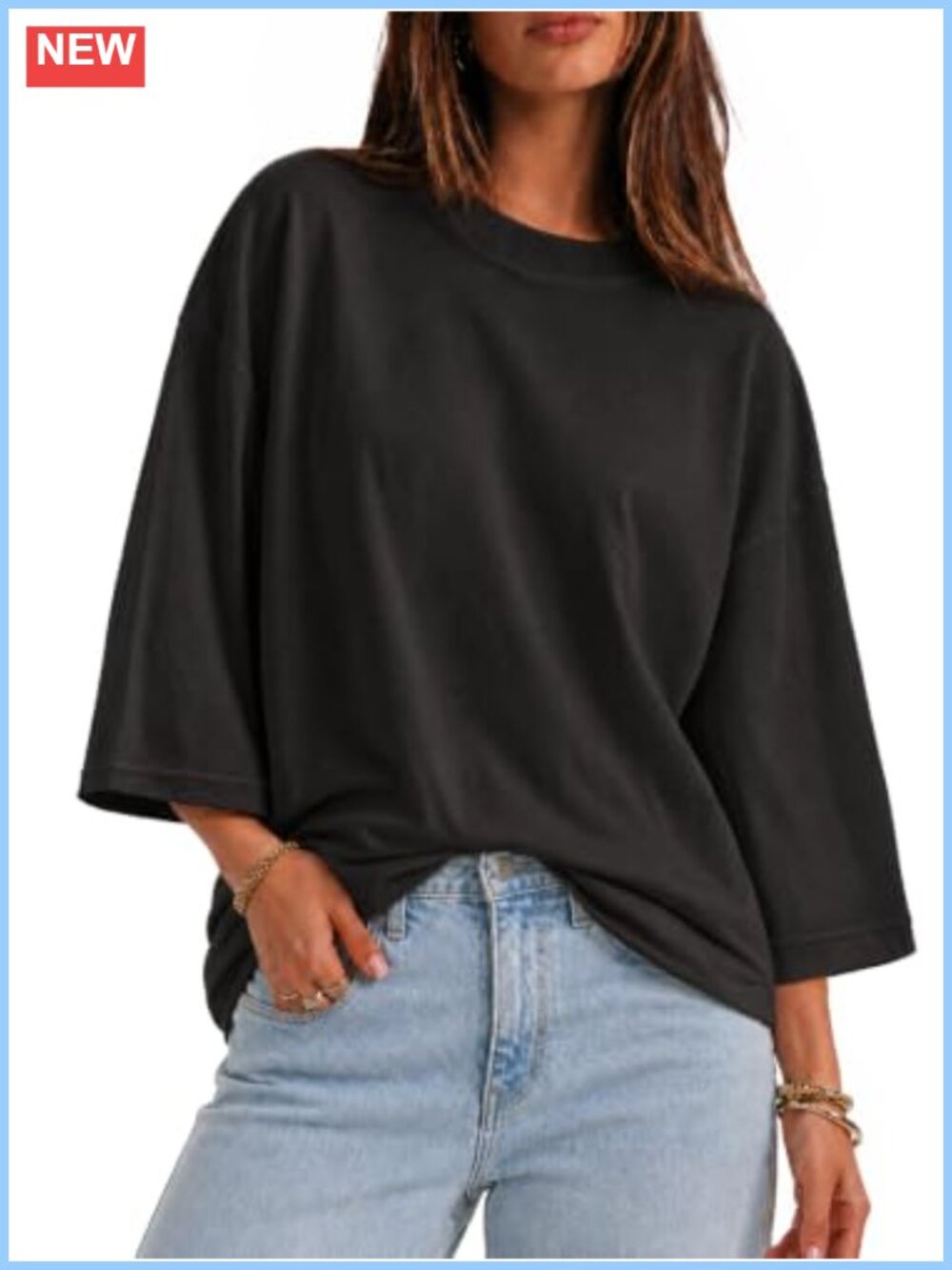 Oversized 3/4 Sleeve Boxy T-Shirt for Women - Loose Fit Crew Neck Casual Top